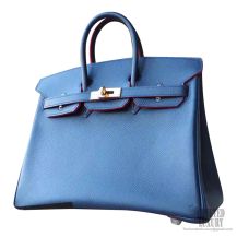 Hermes Birkin 25 Bag ck76 Blue Indigo Epsom GHW Red Pile