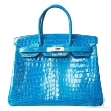 Hermes Birkin 25 Bag 7w Blue Izmir Shining Niloticus Croc SHW