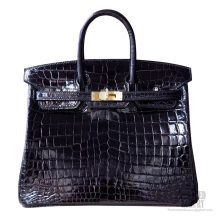 Hermes Birkin 25 Bag ck89 Noir Shining Niloticus Croc GHW