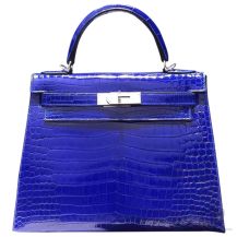 Hermes Kelly 28 Bag Blue Electric 7T Crocodile SHW