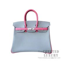 Hermes Birkin 25 Handbag 4Z Gris Mouette And 8W Rose Azalee Epsom SHW