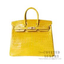 Hermes Birkin 25 Handbag 9D Ambre Shiny Alligator GHW