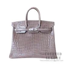 Hermes Birkin 25 Handbag CK81 Gris Tourterelle Shiny Alligator SHW