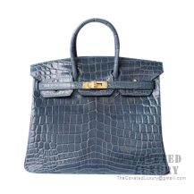 Hermes Birkin 25 Handbag N7 Blue Tempete Shiny Niloticus GHW