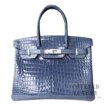 Hermes Birkin 30 Handbag N7 Blue Tempete Shiny Porosus Croc SHW