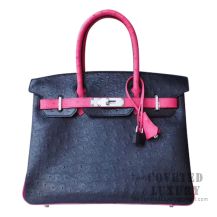 Hermes Birkin 30 Handbag 89 Noir And Fuschia Pink Ostrich SHW