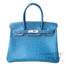 Hermes Birkin 30 Handbag CC75 Blue Jean Ostrich SHW