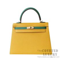 Hermes Kelly 25 Handbag 9D Ambre And U4 Vert Vertigo Epsom GHW