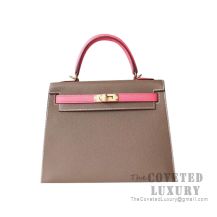 Hermes Kelly 25 Handbag CC18 Etoupe And 8W Rose Azalee Epsom GHW