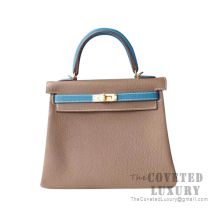 Hermes Kelly 25 Handbag CC18 Etoupe And CC75 Blue Jean Togo GHW