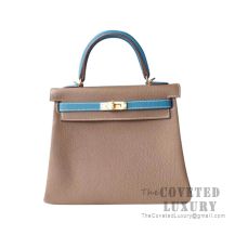 Hermes Kelly 25 Handbag CC18 Etoupe And CC75 Blue Jean Togo GHW