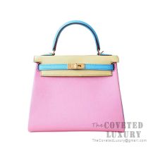 Hermes Kelly 25 Handbag 1Q Rose Confetti And 1Z Jaune Poussin And 7N Celeste Chevere GHW