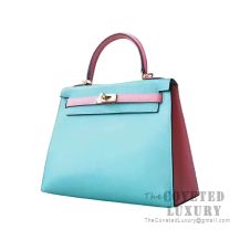 Hermes Kelly 25 Handbag 7F Blue Paon And 3Q Rose Sakura Chevere GHW