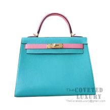 Hermes Kelly 25 Handbag 7F Blue Paon And 1Q Rose Confetti Chevere GHW