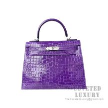 Hermes Kelly 25 Bag 5L Ultraviolet Shiny Porosus Croc SHW