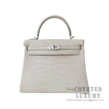 Hermes Kelly 25 Bag 8L Beton Shiny Alligator SHW