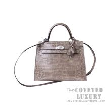 Hermes Kelly 25 Bag CC81 Gris Tourterelle Shiny Porosus Croc SHW