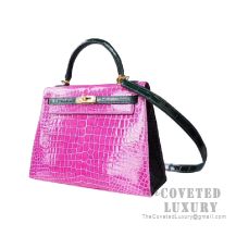 Hermes Kelly 25 Bag J5 Rose Scheherazade And CC67 Vert Fonce Shiny Porosus Croc GHW