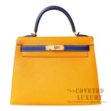 Hermes Kelly 28 Handbag 9V Jaune D'Or And 7T Blue Electric Epsom GHW