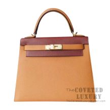 Hermes Kelly 28 Handbag CC55 Rouge H And CC37 Gold And CC47 Chocolate Epsom GHW