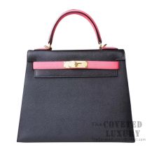 Hermes Kelly 28 Handbag 89 Noir And 8W Rose Azalee Epsom GHW