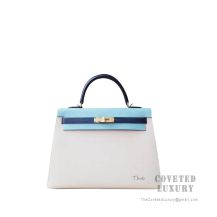 Hermes Kelly 28 Handbag CC10 Craie And 3P Blue Atoll And CC73 Blue Saphir Epsom GHW