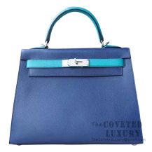 Hermes Kelly 28 Handbag CC73 Blue Saphir And 7F Blue Paon Epsom SHW