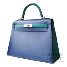 Hermes Kelly 28 Handbag CC73 Blue Saphir And Z6 Malachite Epsom SHW