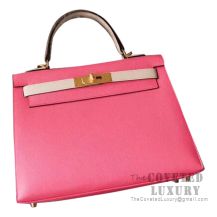 Hermes Kelly 28 Handbag 8W Rose Azalee And CC10 Craie Epsom GHW