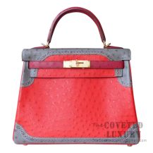 Hermes Kelly 28 Handbag 53 Rouge Vif And 55 Rouge H And 82 Gris Agate Ghillies GHW