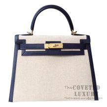 Hermes Kelly 28 Handbag CC73 Blue Saphir Swift And Canvas GHW