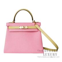 Hermes Kelly 28 Handbag 1Q Rose Confetti And 1Z Jaune Poussin Chevere GHW