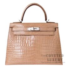 Hermes Kelly 28 Bag 1C Poussiere Shiny Porosus Croc SHW