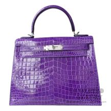 Hermes Kelly 28 Bag 5L Ultraviolet Shiny Porosus Croc SHW