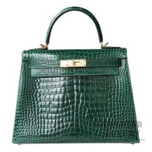 Hermes Kelly 28 Bag CK67 Vert Fonce Shiny Porosus Croc GHW