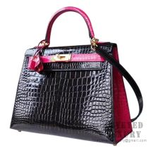 Hermes Kelly 28 Bag 89 Noir And J5 Rose Scheherazade Shiny Porosus Croc GHW