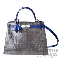 Hermes Kelly 28 Bag CC88 Graphite And 7T Blue Electric Shiny Porosus Croc SHW