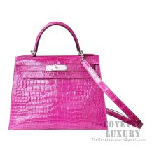 Hermes Kelly 28 Bag J5 Rose Scheherazade Shiny Porosus Croc SHW