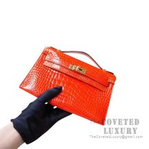 Hermes Mini Kelly I Bag 8V Orange Poppy Shiny Alligator GHW