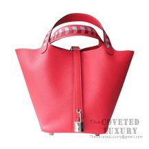 Hermes Picotin Lock 22 Bag S3 Rouge De Coueur Clemence Tressage De Cuir Handle SHW