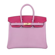 Hermes Birkin 25 in Mauve Purple and Bright Pink Chevre leather with Brushed Gold Hardware, front view