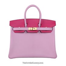 Hermes Birkin 25 in Mauve Purple and Bright Pink Chevre leather with Brushed Gold Hardware, front view