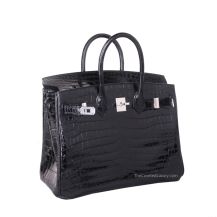 Hermes Birkin 25 in Black Crocodile with Palladium Hardware, front view