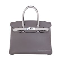 Hermes Birkin 25 in Gris Asphalte and Milkshake White Swift leather with Palladium Hardware, front view