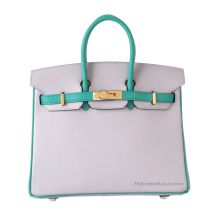 Hermes Birkin 25 Swift Leather Ice Grey and Bleu Paon Palladium Hardware, front view