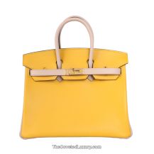 Hermes Birkin 25 in Jaune Ambre and Trench Swift leather with Gold Hardware, front view