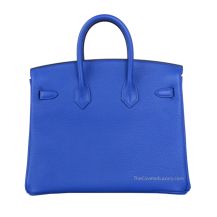 Hermes Birkin 25 in Bleu Zellige Togo leather with Gold Hardware, front view