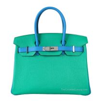 Hermes Birkin 30 in Bambou and Bleu Hydra Chevre leather with Palladium Hardware, front view