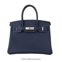 Hermes Birkin 30 in Bleu Nuit Chevre leather with Rose Gold Hardware, front view