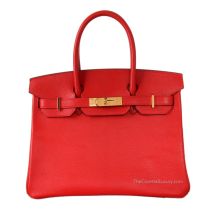 Hermes Birkin 30 in Rouge Casaque Chevre leather with Gold Hardware, front view